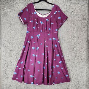 eShakti Dress Womens XL Purple Birds Short Sleeve Fit & Flare